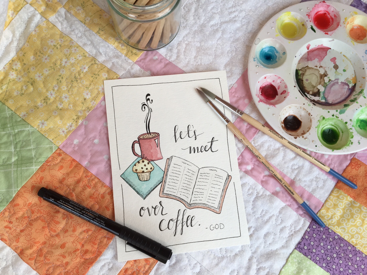 Let's meet over coffee - Hand lettered Watercolor Illustration - invitation from God card