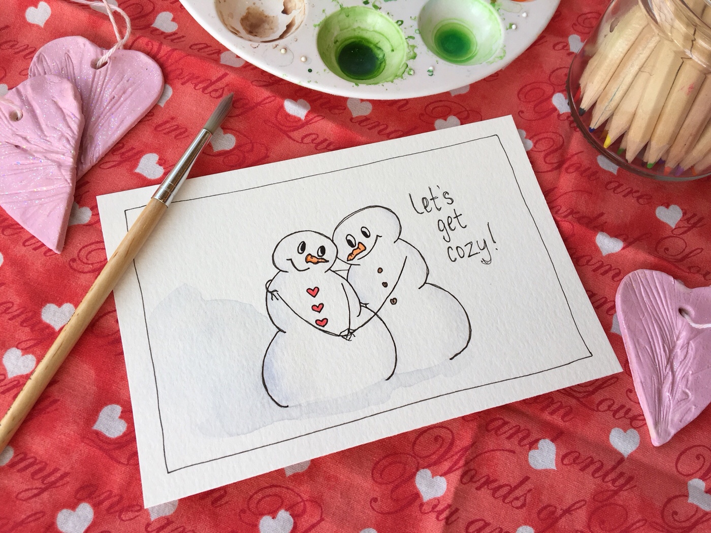 Romantic Snowmen "Let's Get Cozy!" Valentine Card