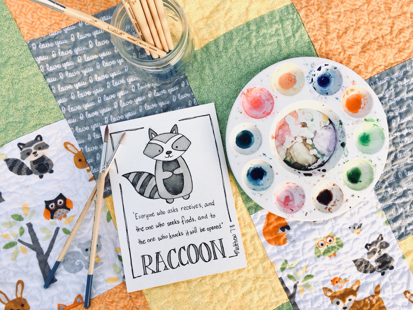 Raccoon - Watercolor Woodland Animal Nursery Art with Word Art Scripture - Matthew 7:8