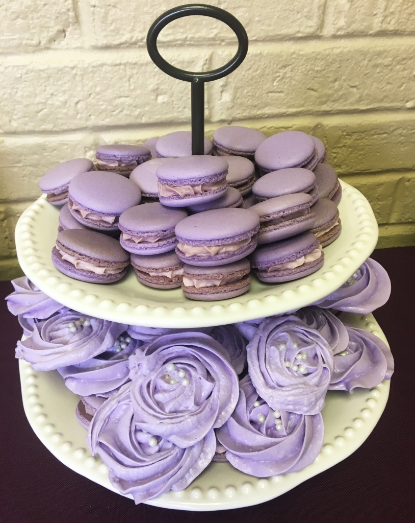 Purple macarons and meringue cookies were perfect at this purple bridal shower!  Beautiful for any party or wedding.